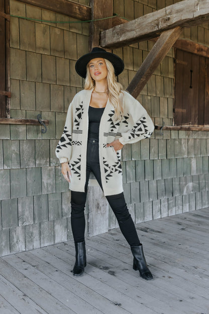 Cream and Black Aztec Print Cardigan - Magnolia Boutique