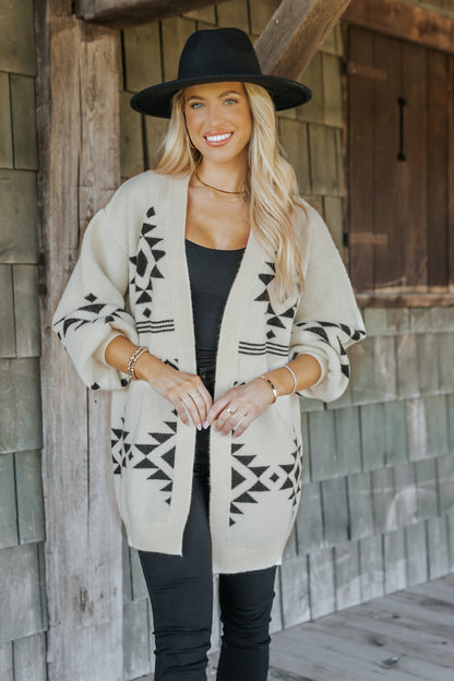 Cream and Black Aztec Print Cardigan - Magnolia Boutique