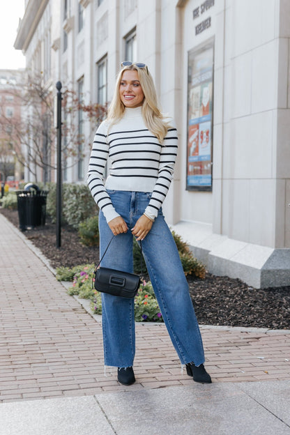 Cream and Black Striped Mock Neck Top - Magnolia Boutique