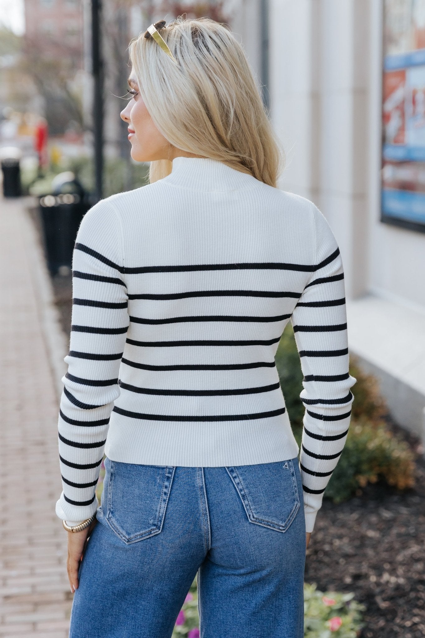 Cream and Black Striped Mock Neck Top - Magnolia Boutique