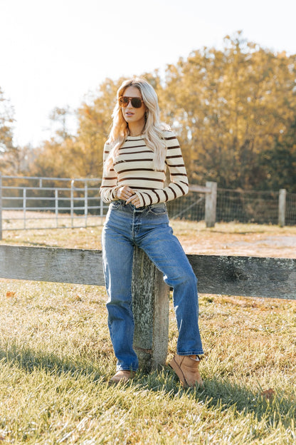 Cream and Brown Striped Bodysuit - Magnolia Boutique