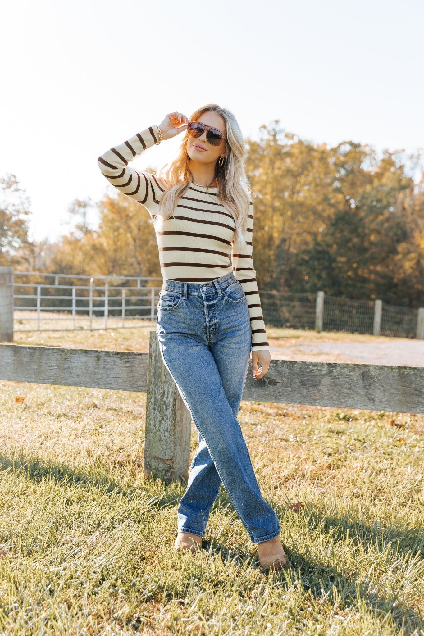 Cream and Brown Striped Bodysuit - Magnolia Boutique