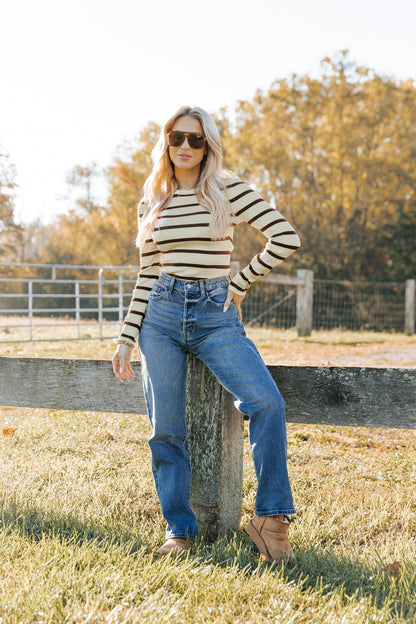 Cream and Brown Striped Bodysuit - Magnolia Boutique