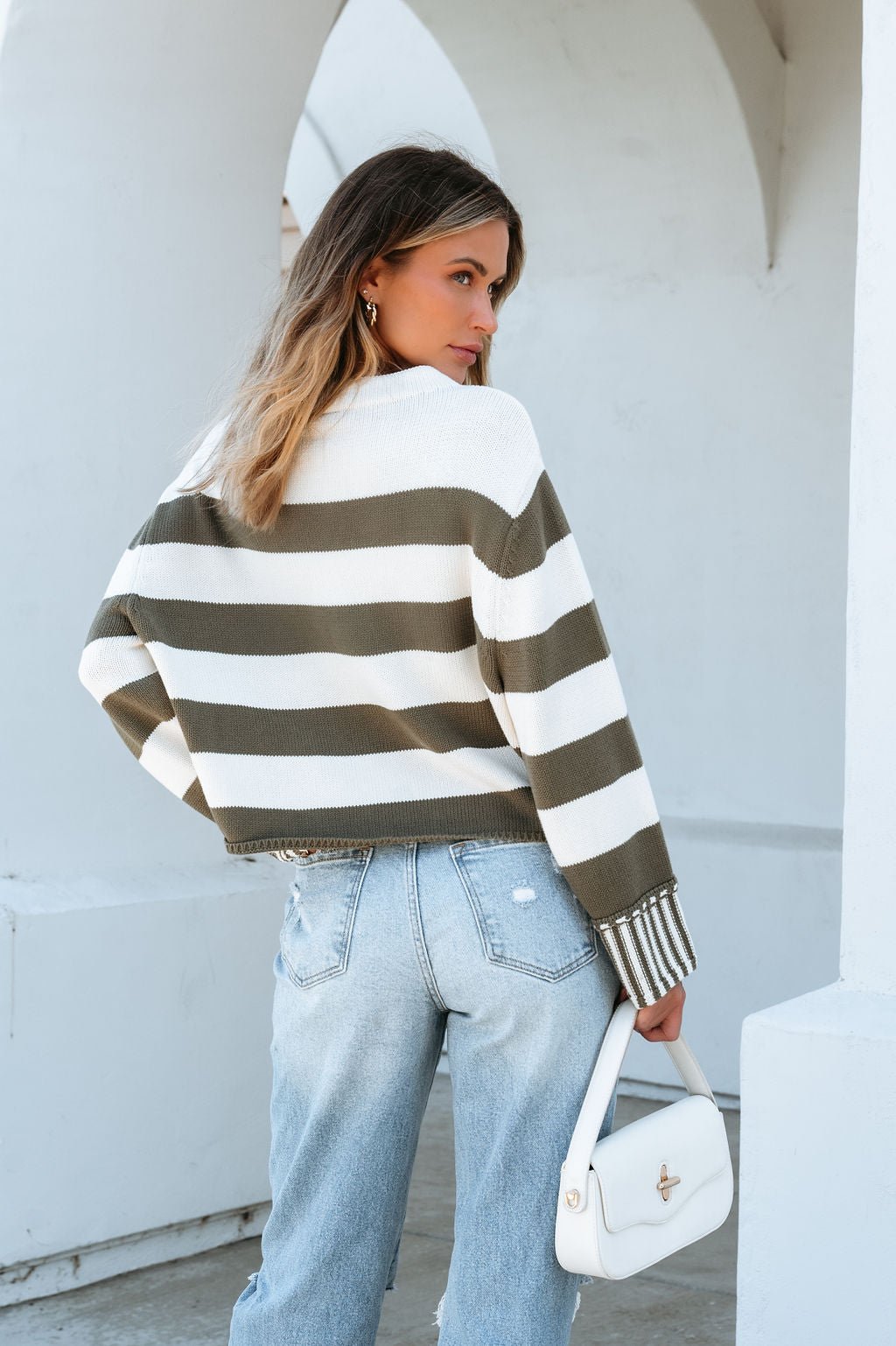 Cream and Olive Striped Pullover Sweater - Magnolia Boutique