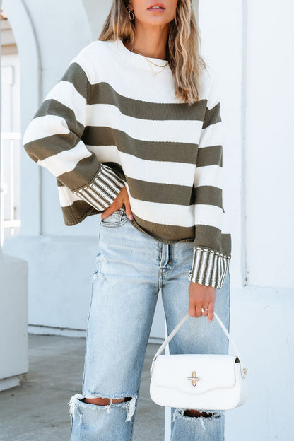 Cream and Olive Striped Pullover Sweater - Magnolia Boutique