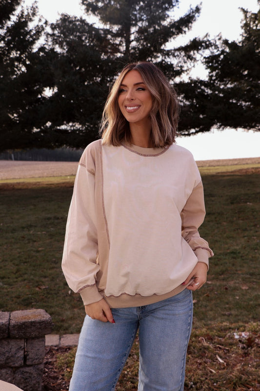 Cream Color Block Stitch Detail Sweatshirt - Magnolia Boutique