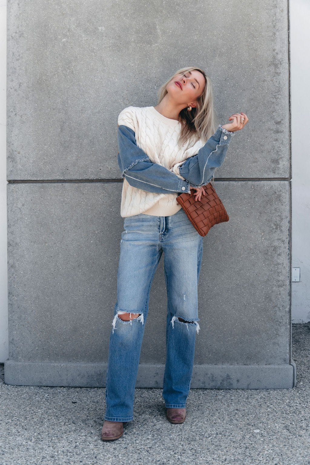 Cream Denim Cable Knit Sweater - Magnolia Boutique