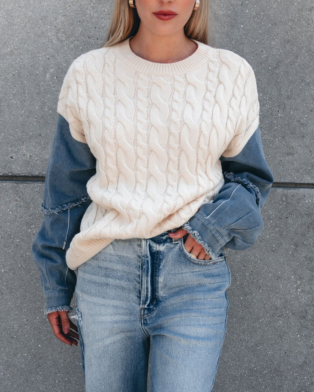 Cream Denim Cable Knit Sweater - Magnolia Boutique