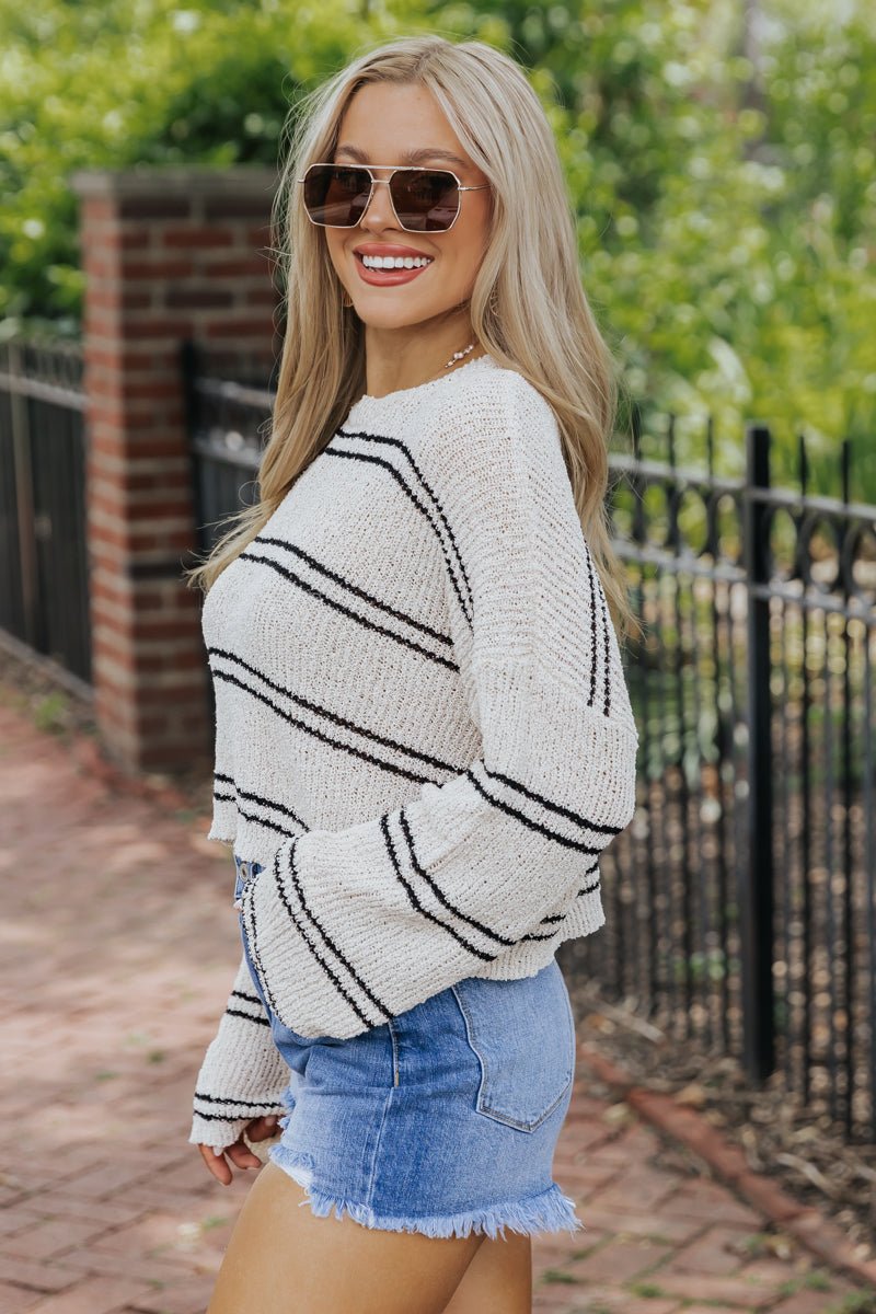 Cream Double Striped Sweater - Magnolia Boutique