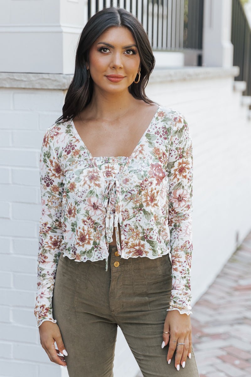 Cream Floral Mesh Smocked Blouse - Magnolia Boutique