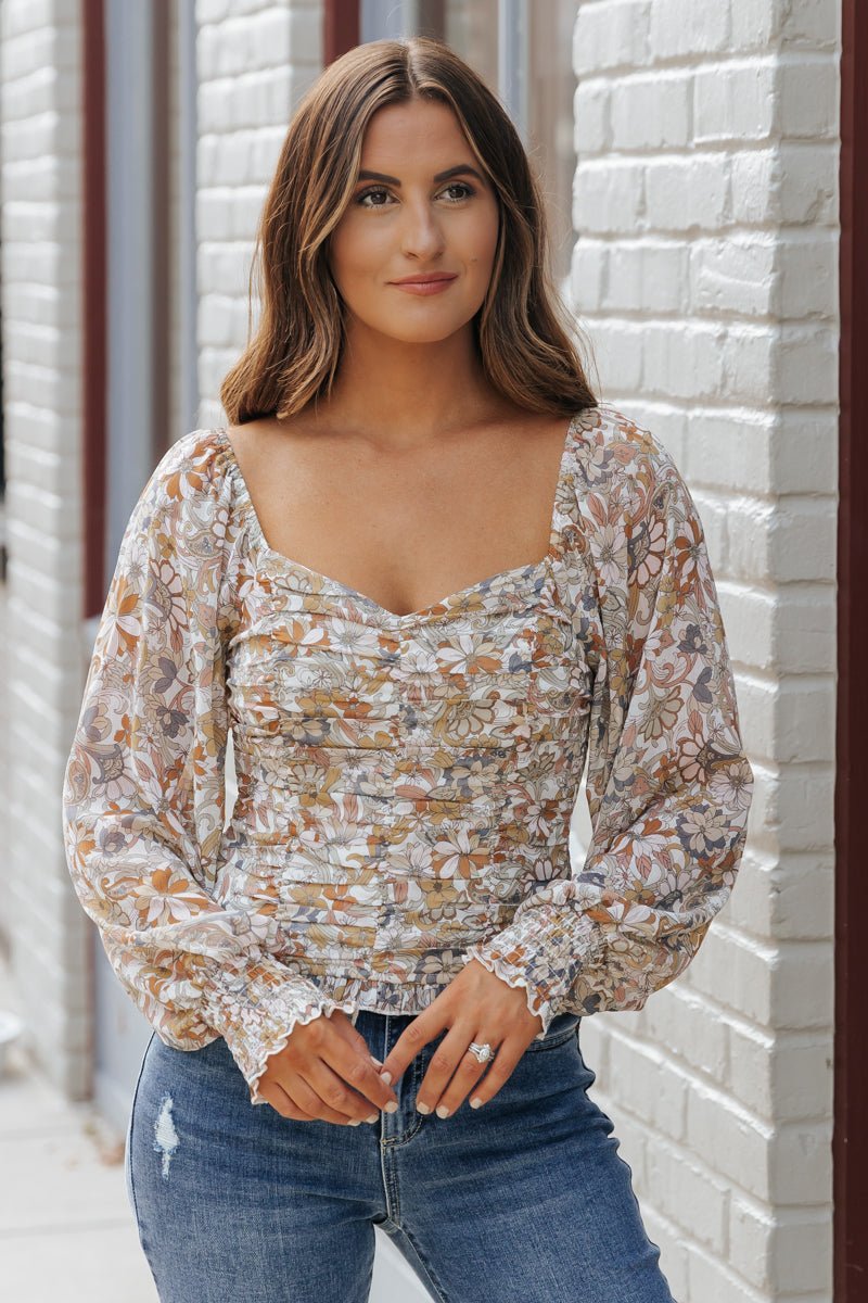 Cream Floral Print Sweetheart Top - Magnolia Boutique