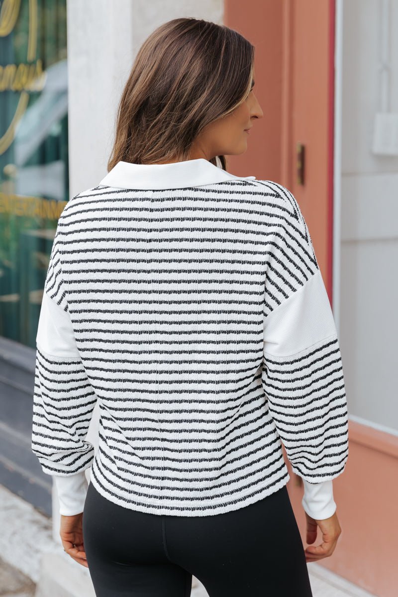 Cream Stripe Collared V Neck Sweater - Magnolia Boutique