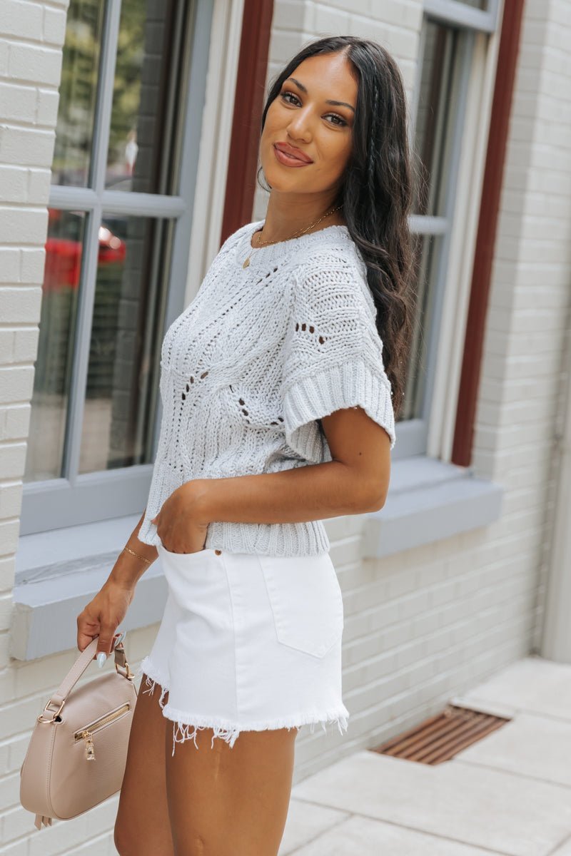 Crochet Detail Short Sleeve Sweater - Light Blue - Magnolia Boutique