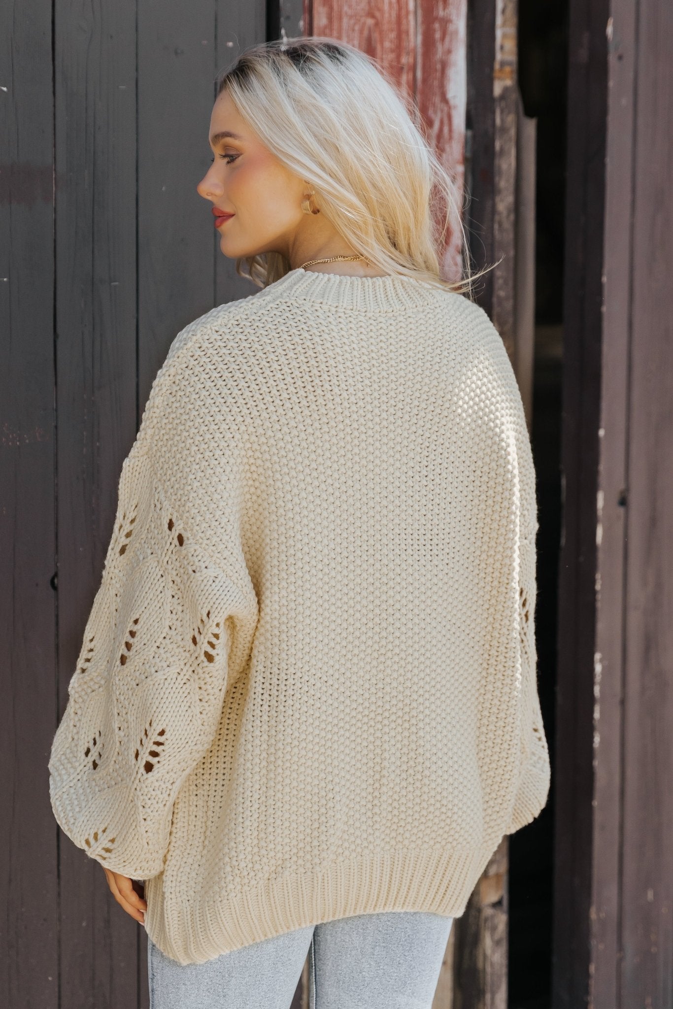 Crochet Sleeve Pullover Sweater - Cream - Magnolia Boutique