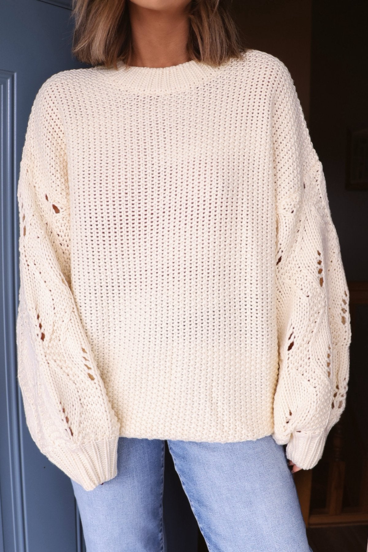 Crochet Sleeve Pullover Sweater - Cream - Magnolia Boutique