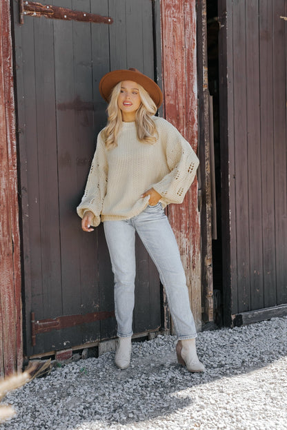 Crochet Sleeve Pullover Sweater - Cream - Magnolia Boutique