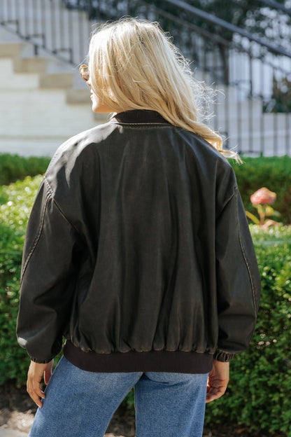 Dark Brown Faux Leather Bomber Jacket - Magnolia Boutique