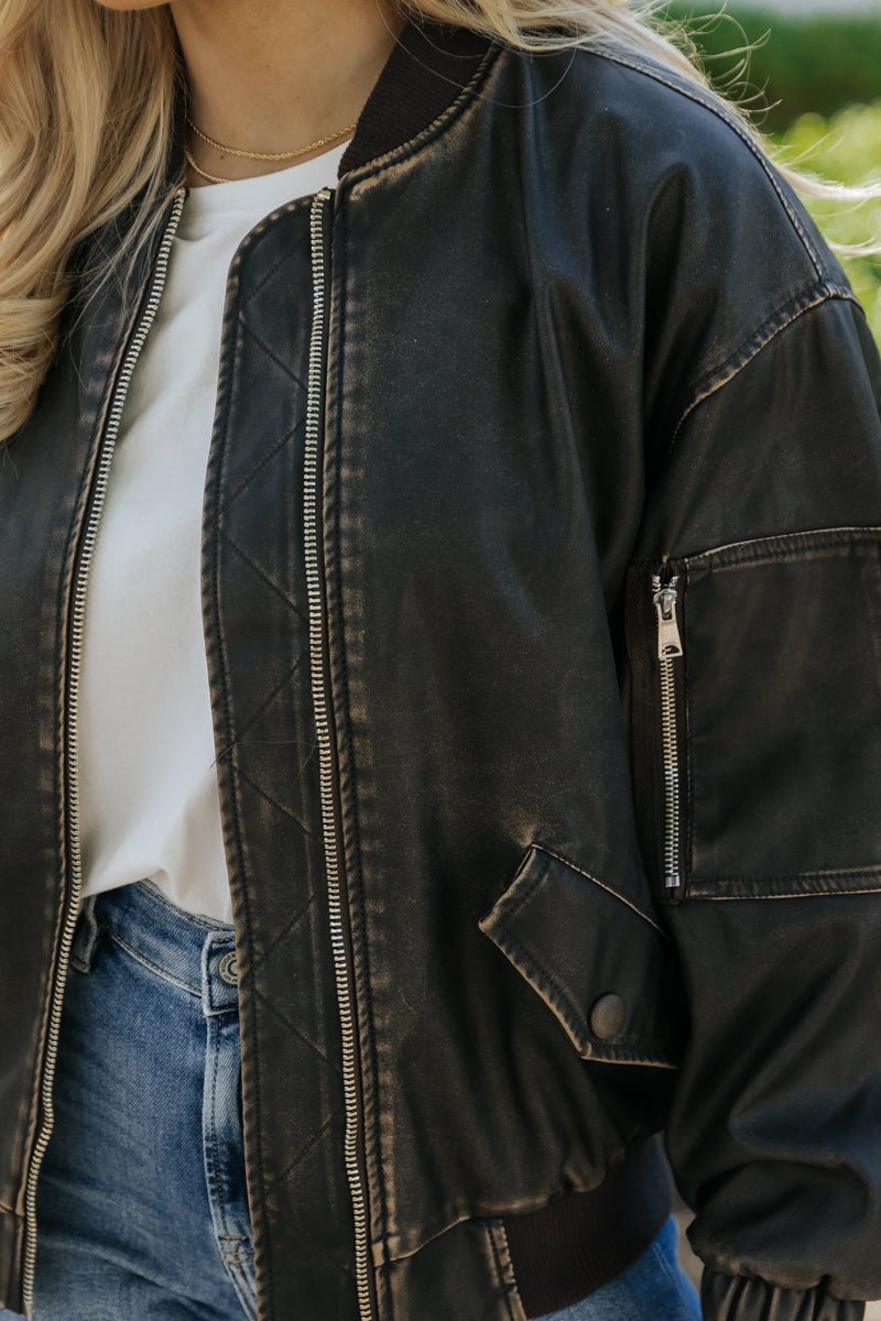 Dark Brown Faux Leather Bomber Jacket - Magnolia Boutique