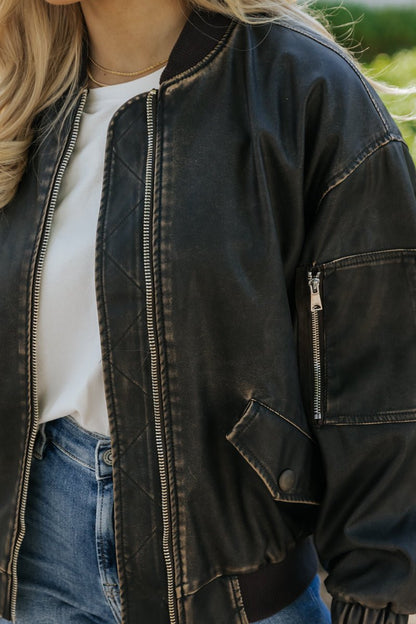 Dark Brown Faux Leather Bomber Jacket - Magnolia Boutique