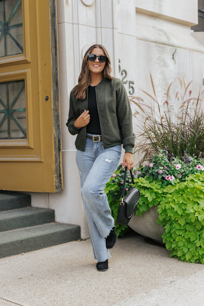 Dark Olive Contrast Bomber Jacket - Magnolia Boutique