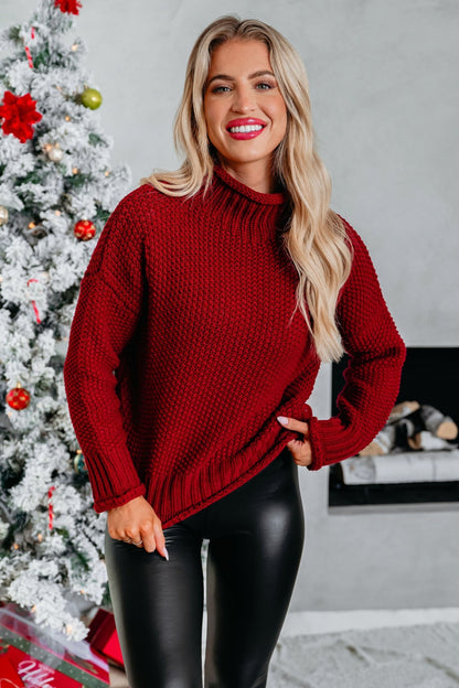 Dark Red Textured Turtleneck Sweater - Magnolia Boutique