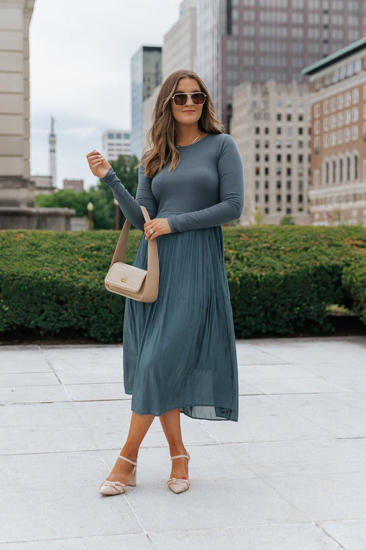 Dark Teal Contrast Pleated Midi Dress - Magnolia Boutique