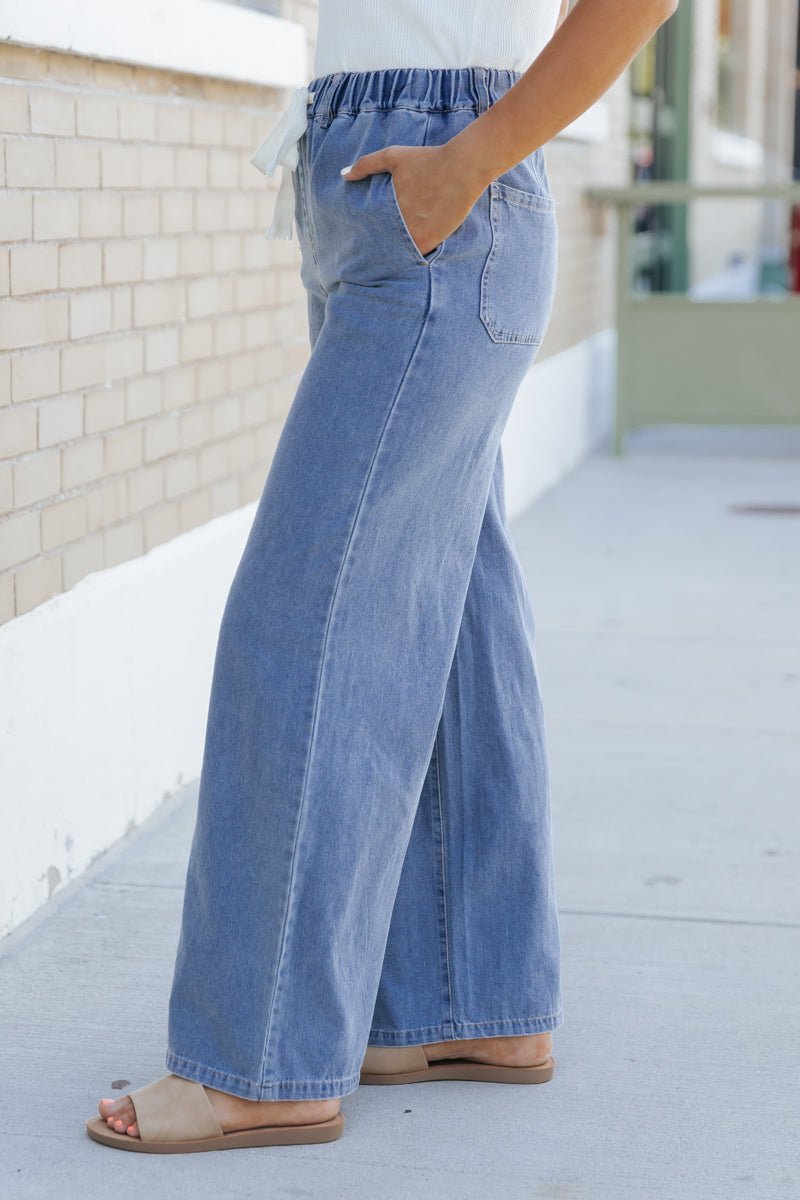 Denim Drawstring Wide Leg Pants - Magnolia Boutique