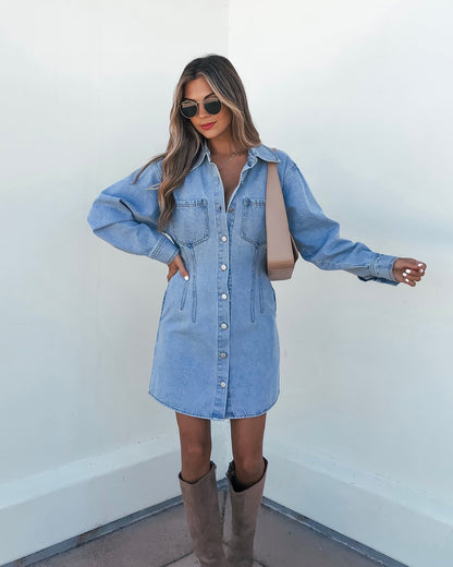 Denim Long Sleeve Button Down Mini Dress - Magnolia Boutique