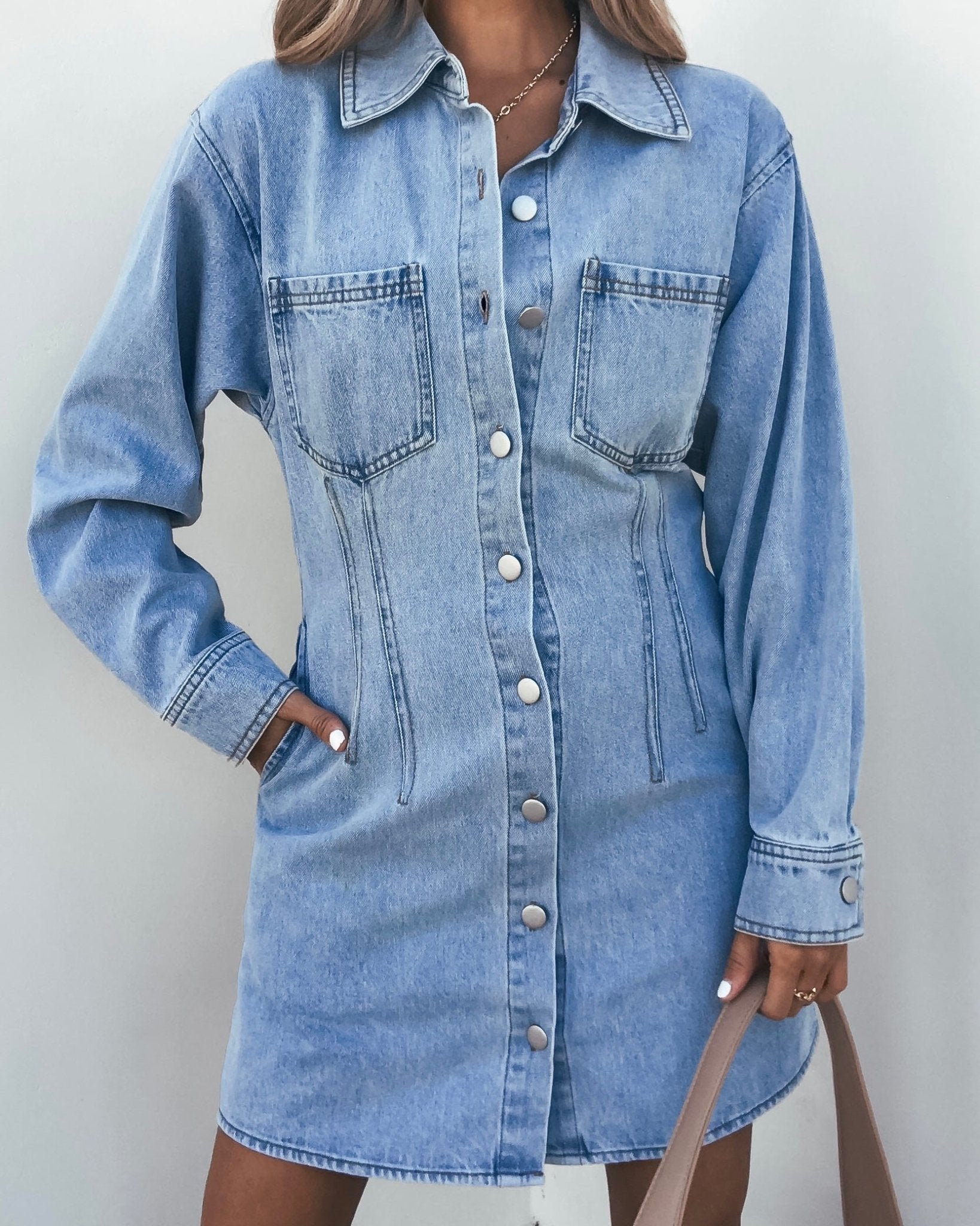 Nicole long sleeve button front denim mini shirt dress shops