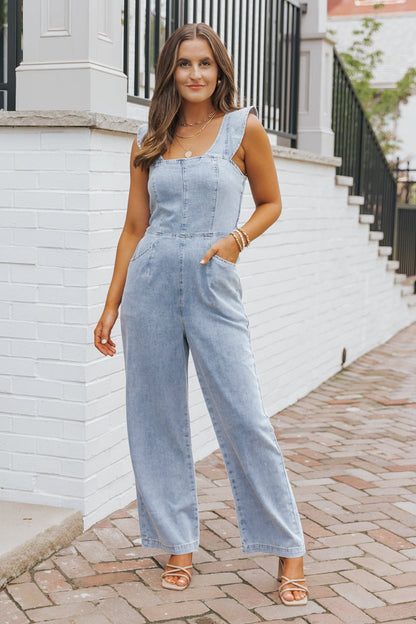 Denim Seam Detail Wide Leg Jumpsuit - Magnolia Boutique