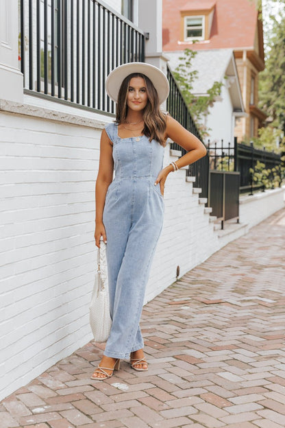 Denim Seam Detail Wide Leg Jumpsuit - Magnolia Boutique