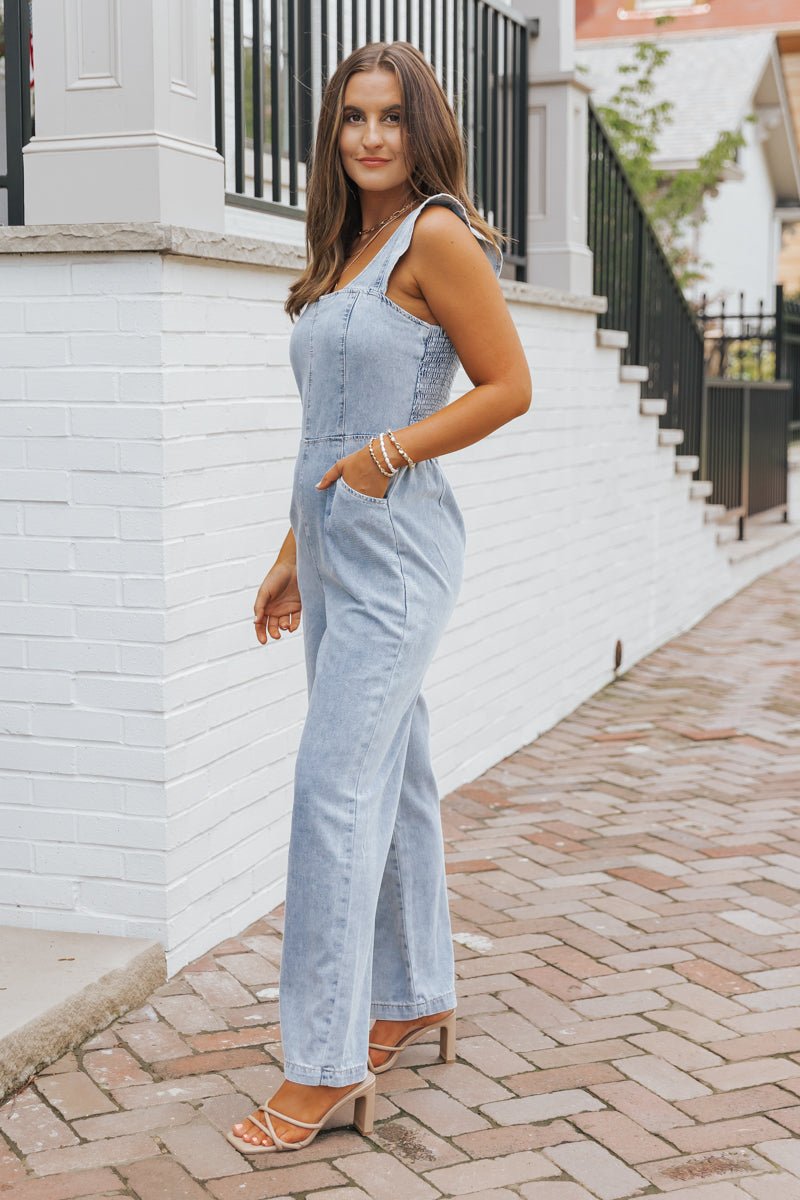 Denim Seam Detail Wide Leg Jumpsuit - Magnolia Boutique