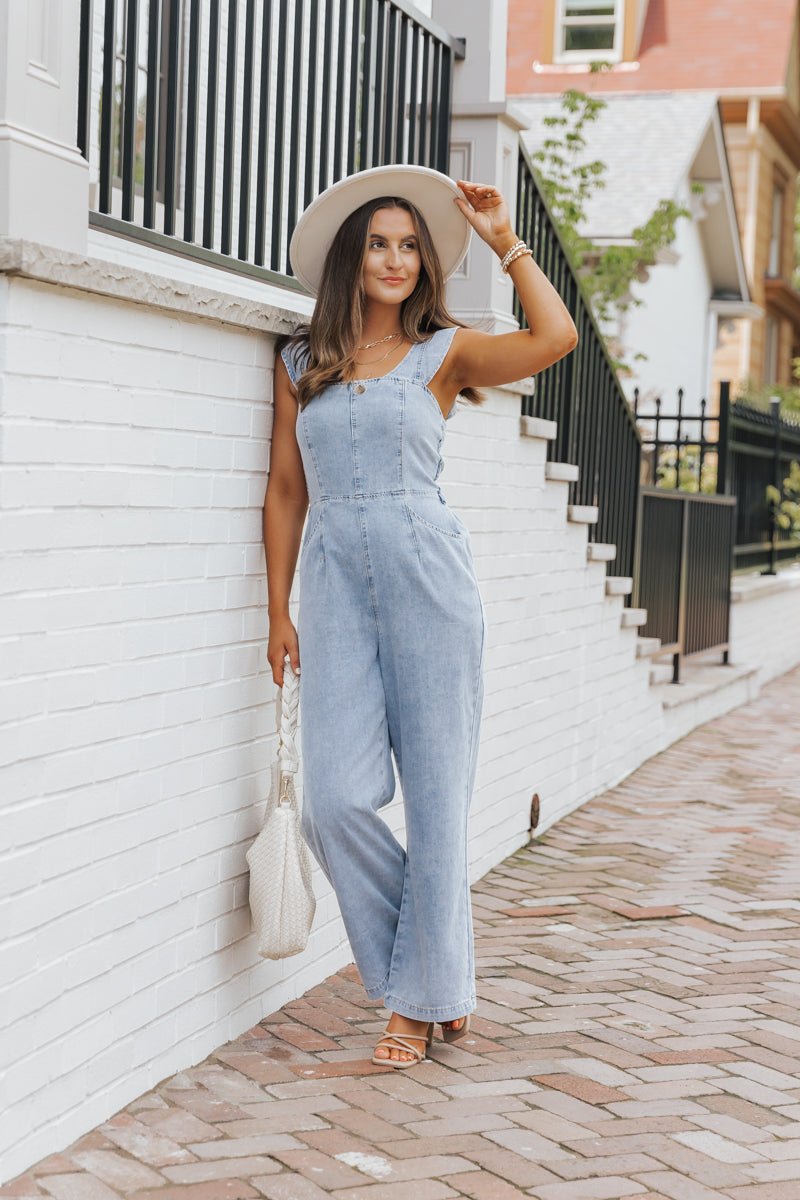 Denim Seam Detail Wide Leg Jumpsuit - Magnolia Boutique