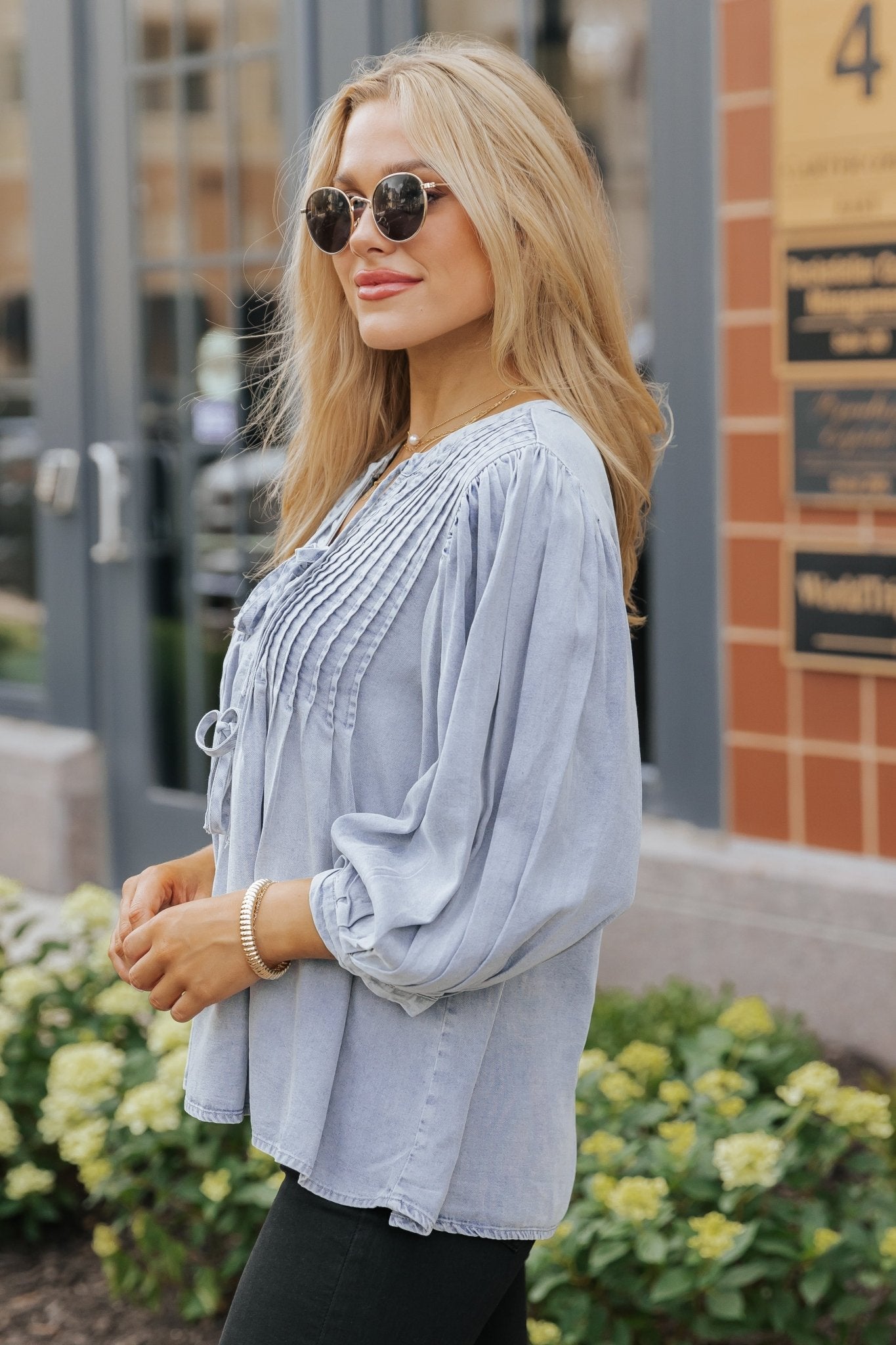 Denim Tie Detail Textured Top - Magnolia Boutique