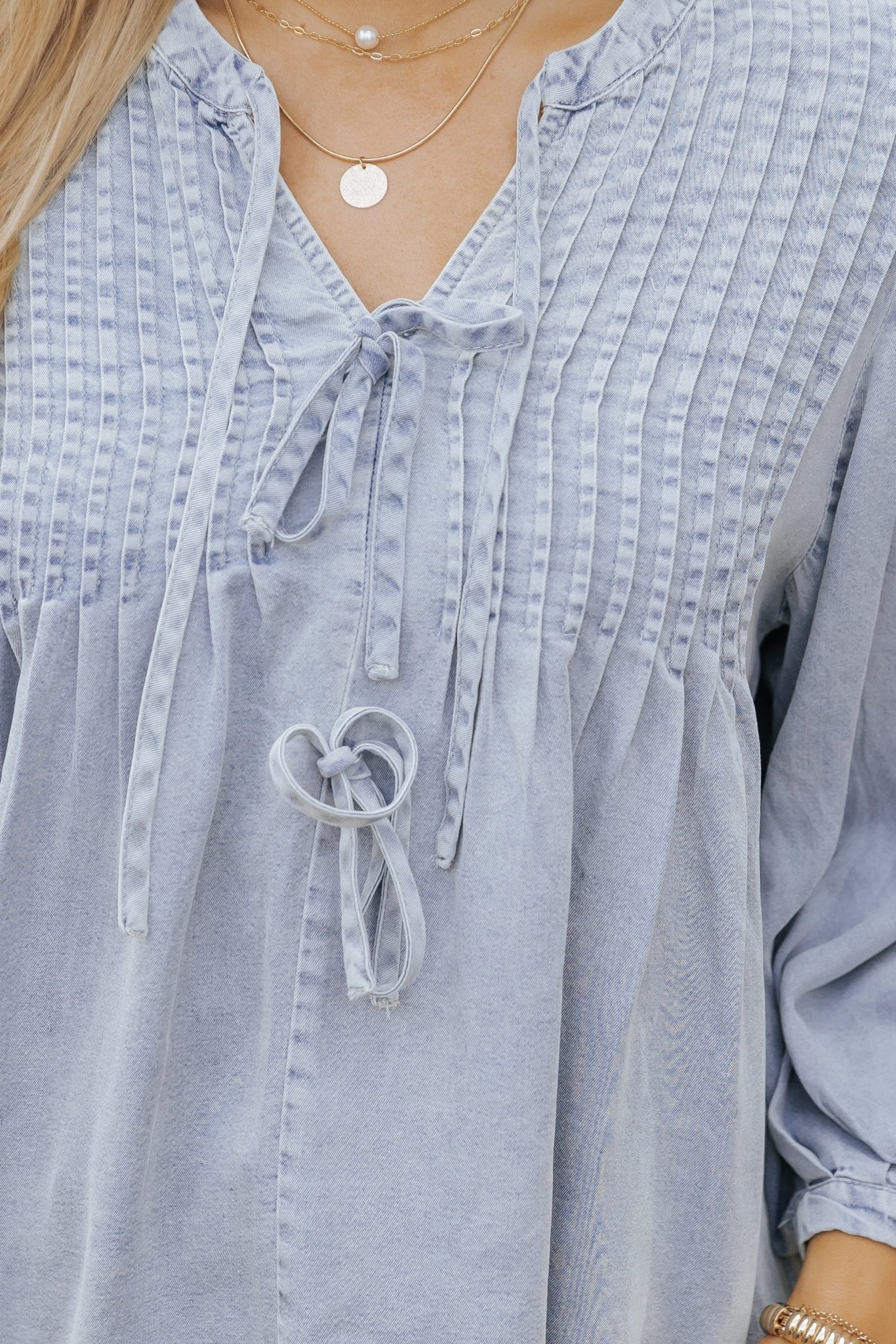 Denim Tie Detail Textured Top - Magnolia Boutique