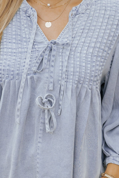 Denim Tie Detail Textured Top - Magnolia Boutique