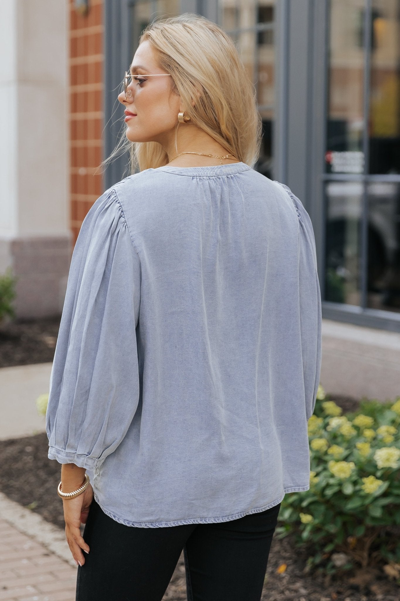 Denim Tie Detail Textured Top - Magnolia Boutique