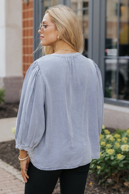 Denim Tie Detail Textured Top - Magnolia Boutique