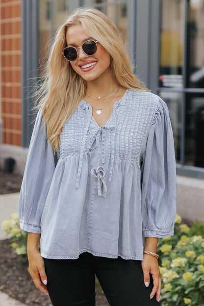 Denim Tie Detail Textured Top - Magnolia Boutique