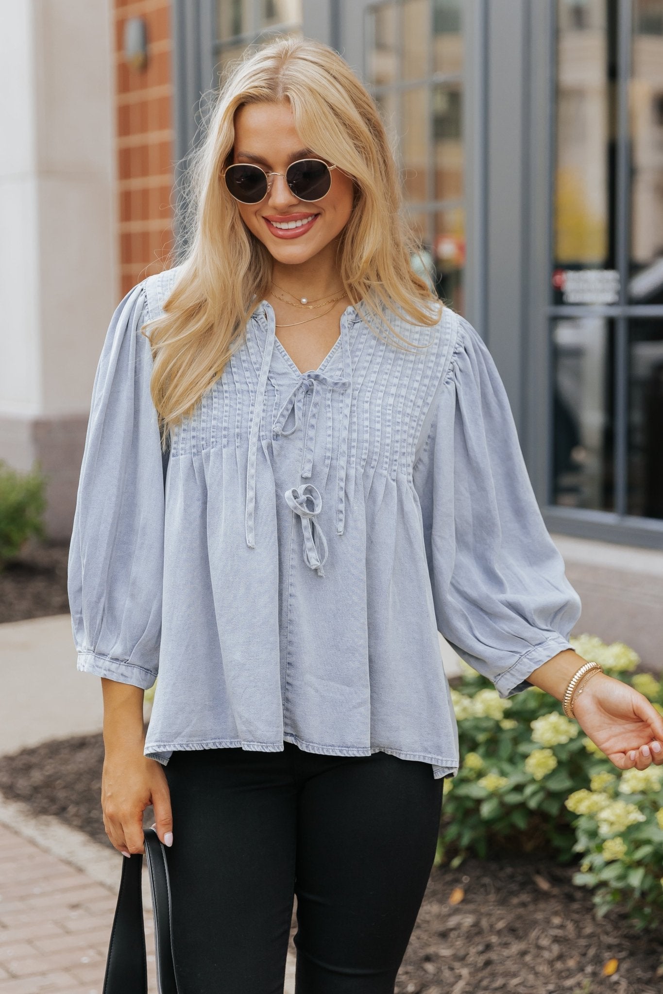 Denim Tie Detail Textured Top - Magnolia Boutique