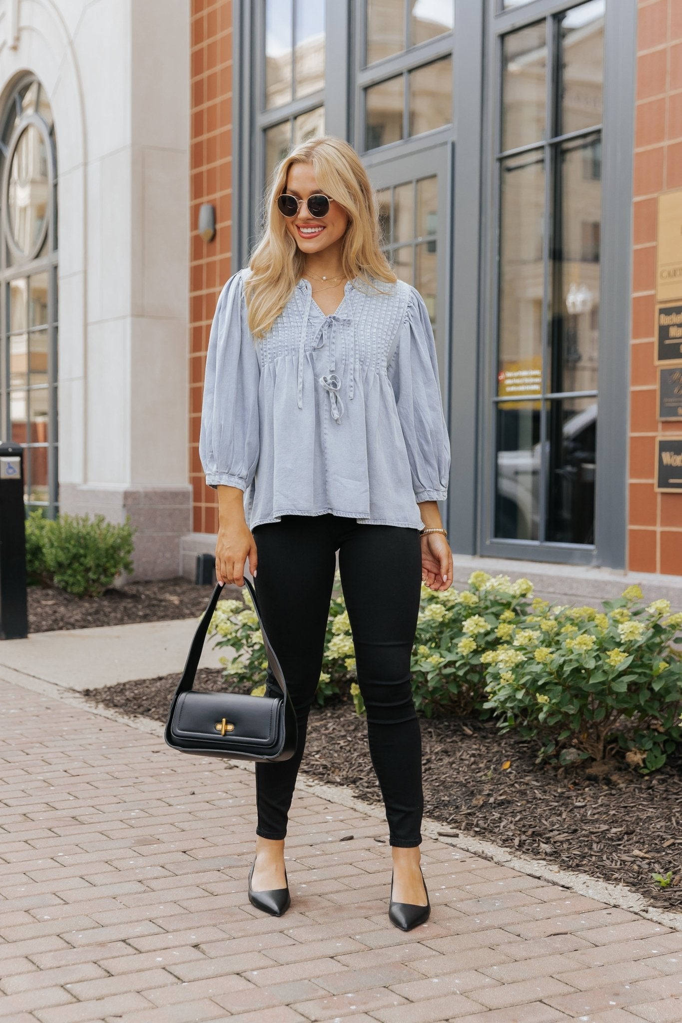 Denim Tie Detail Textured Top - Magnolia Boutique