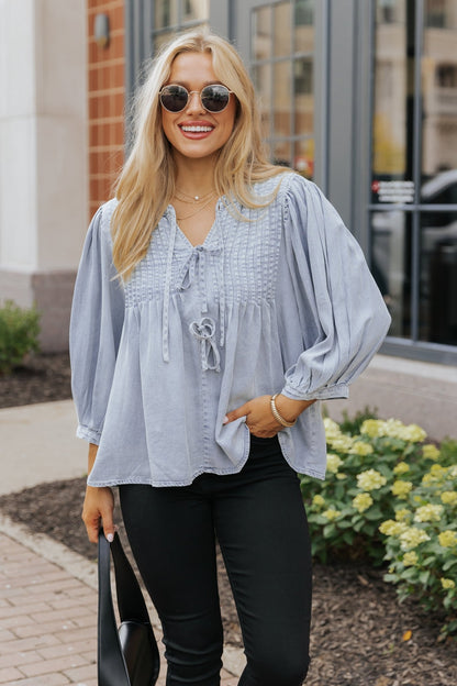 Denim Tie Detail Textured Top - Magnolia Boutique