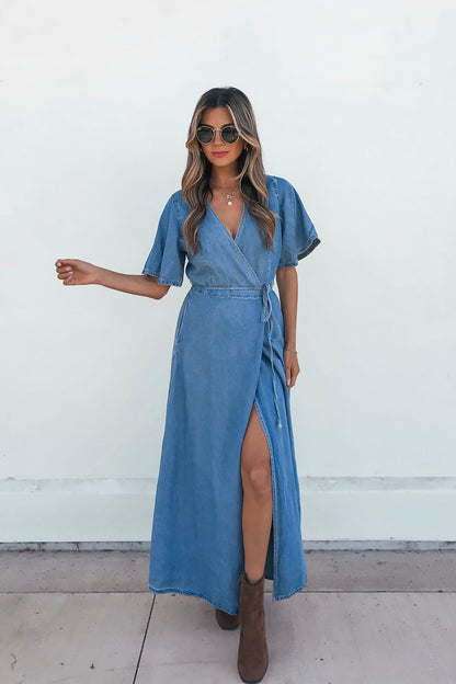 Denim Wrapped Front Maxi Dress - Magnolia Boutique