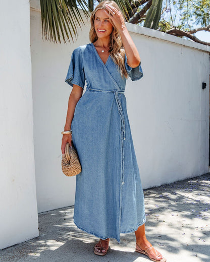 Denim Wrapped Front Maxi Dress - Magnolia Boutique