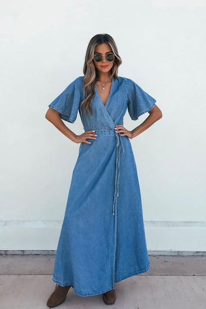 Denim Wrapped Front Maxi Dress - Magnolia Boutique