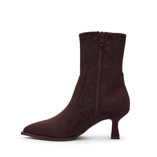 Dolce Vita Lalana Brown Heeled Suede Booties with a side zipper and a kitten heel.