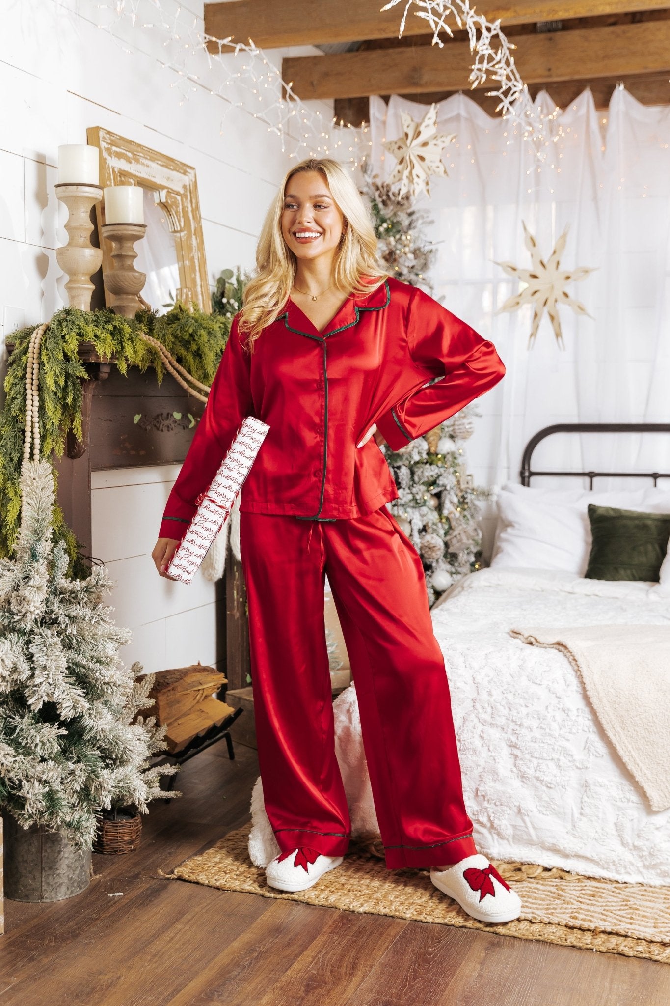 Dreamy Red and Green Satin Pajama Set - Magnolia Boutique