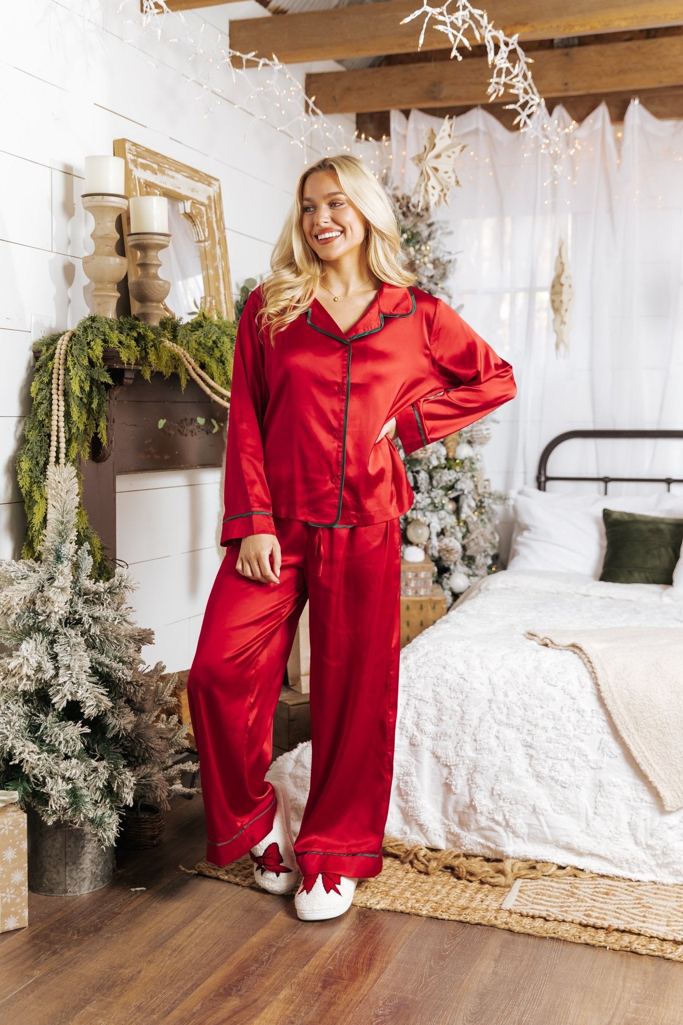 Dreamy Red and Green Satin Pajama Set - Magnolia Boutique