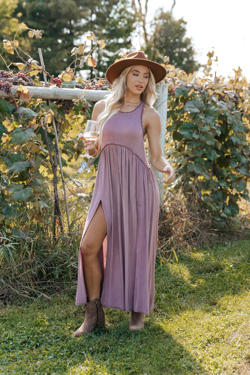 Dusty Mauve Babydoll Slit Maxi Dress