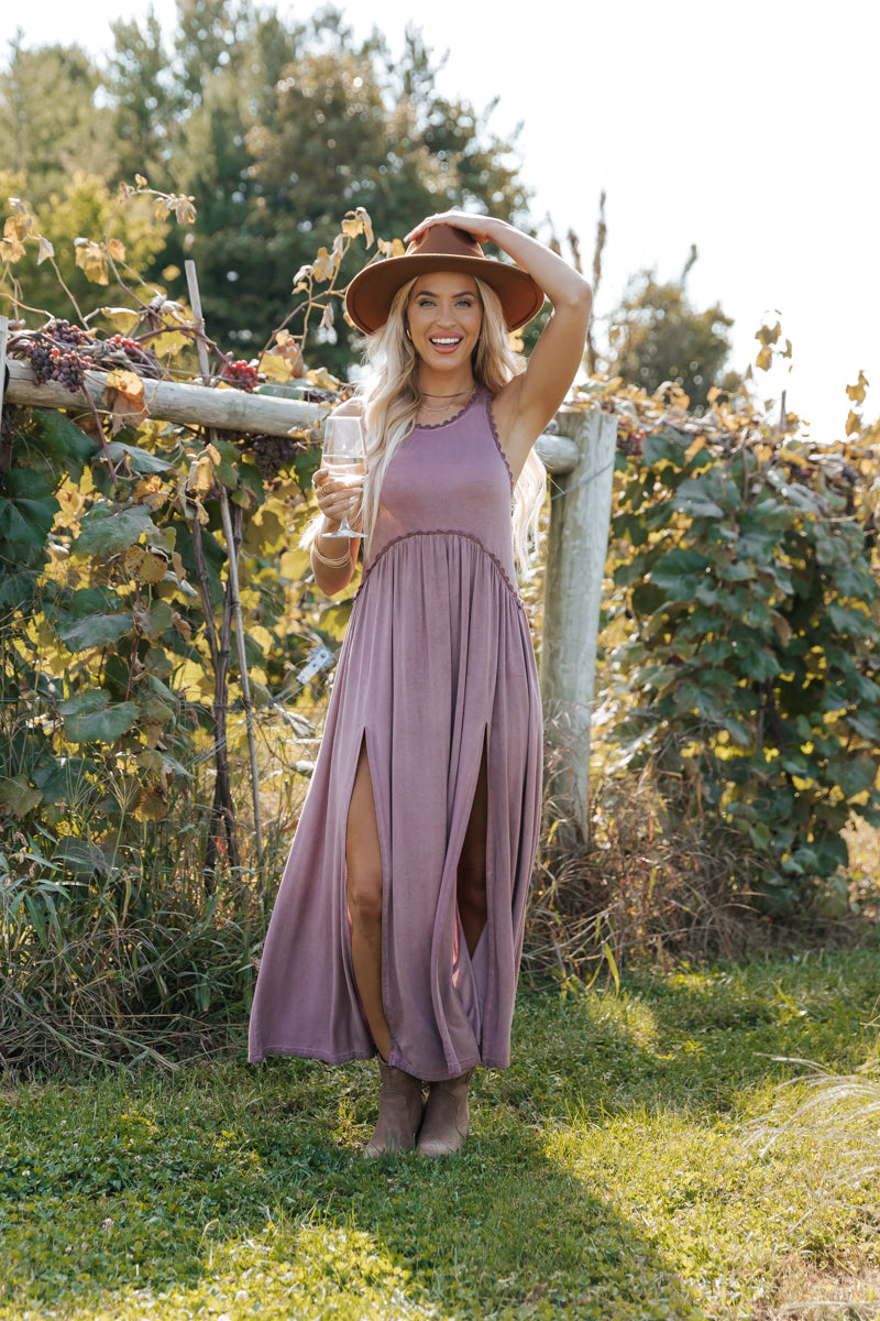 Dusty Mauve Babydoll Slit Maxi Dress